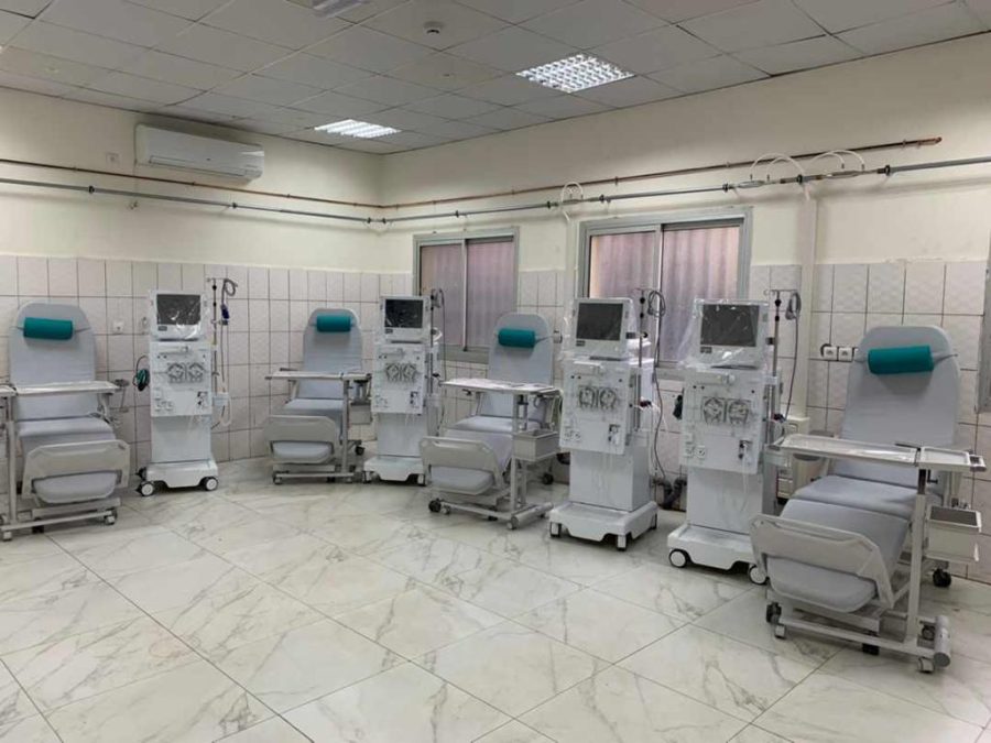 Treatment room of the new hemodialysis centre at Hôpital Régional de Bafoussam with four dialysis machines and patient chairs